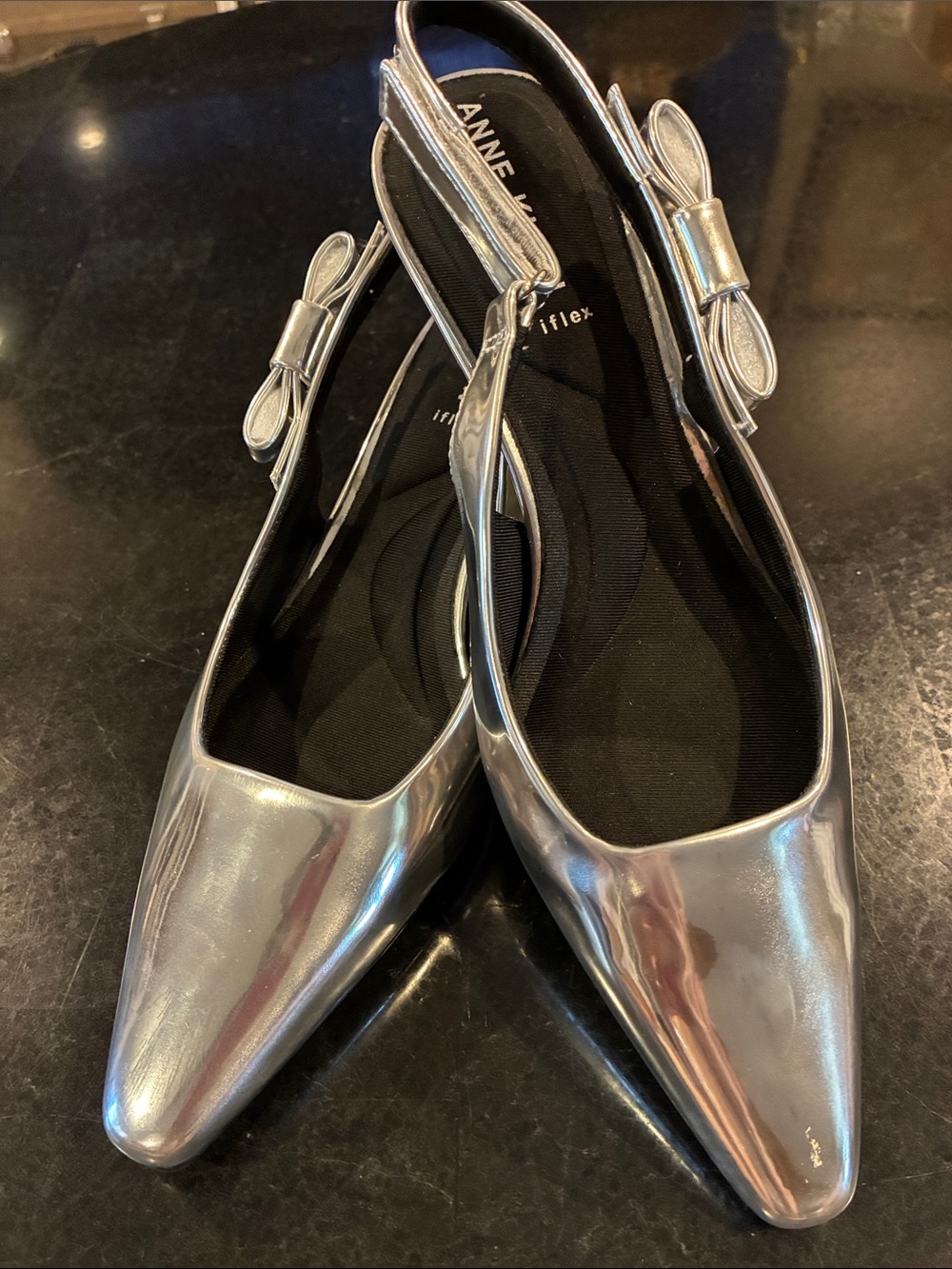 NEW Anne Klein Metallic Silver Pointed Slingback Flats with Bow Sz 7
